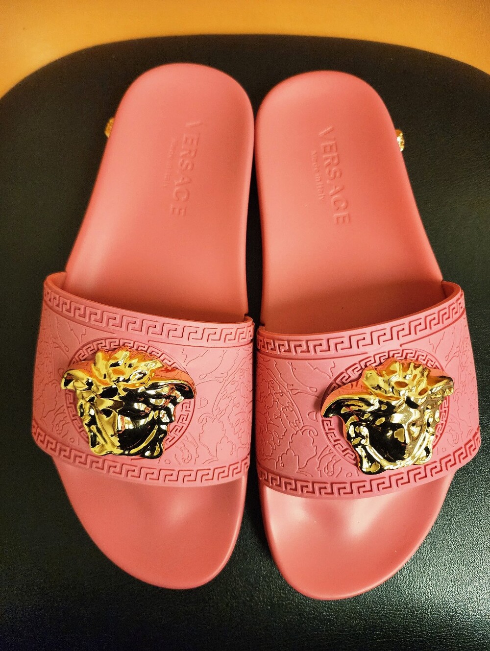 Versace Pink Slide Sandals with Gold Medusa Emblem